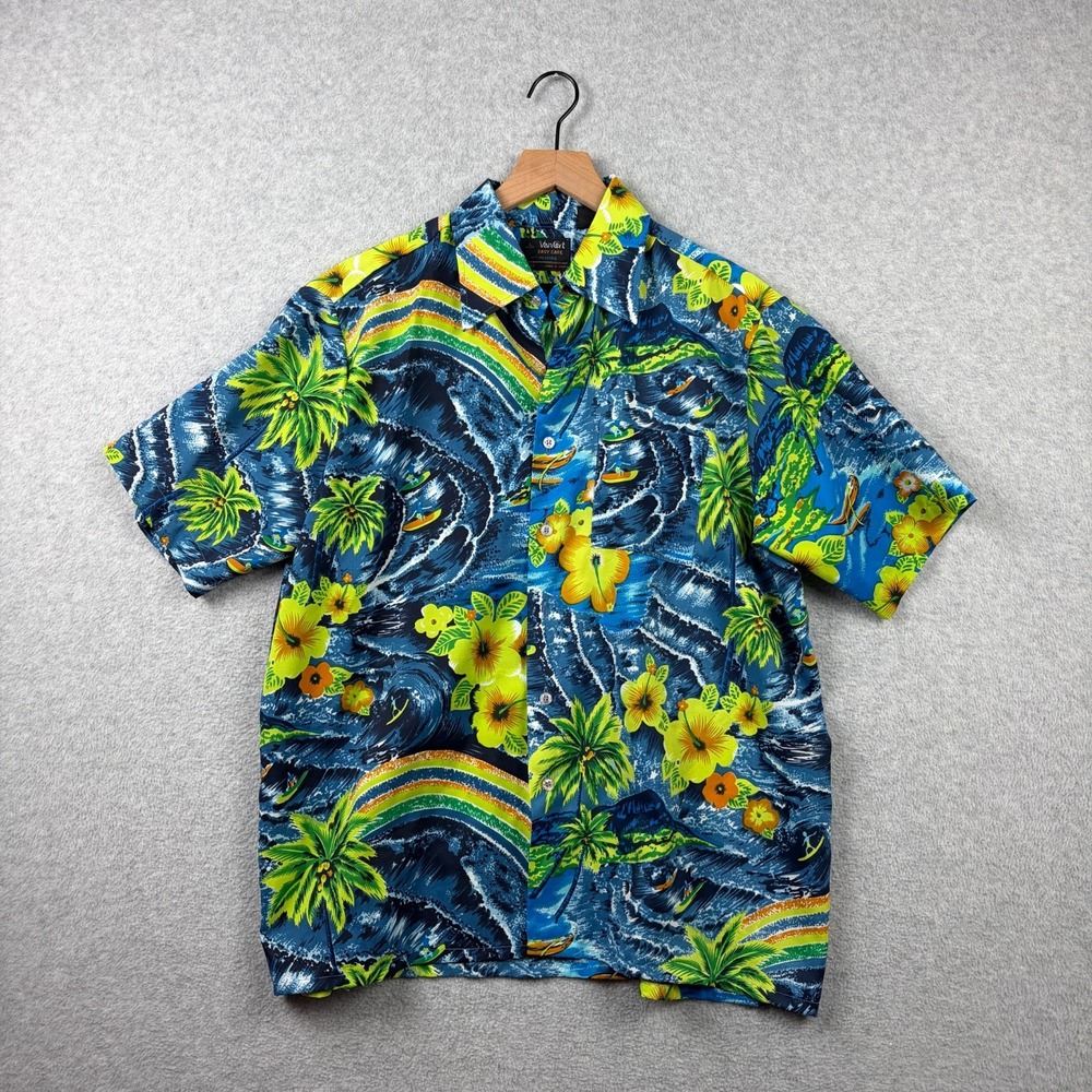 Vintage 70s Hawaiian Shirt Mens‎ Large Blue Surfer Wave Hibiscus Print Button Up